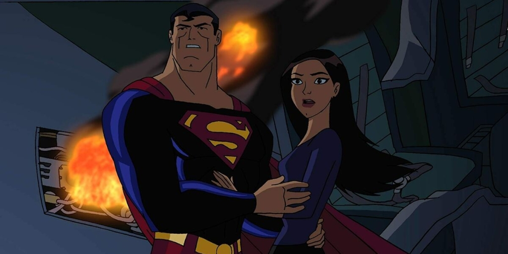 Superman holds Lois Lane in his arms.